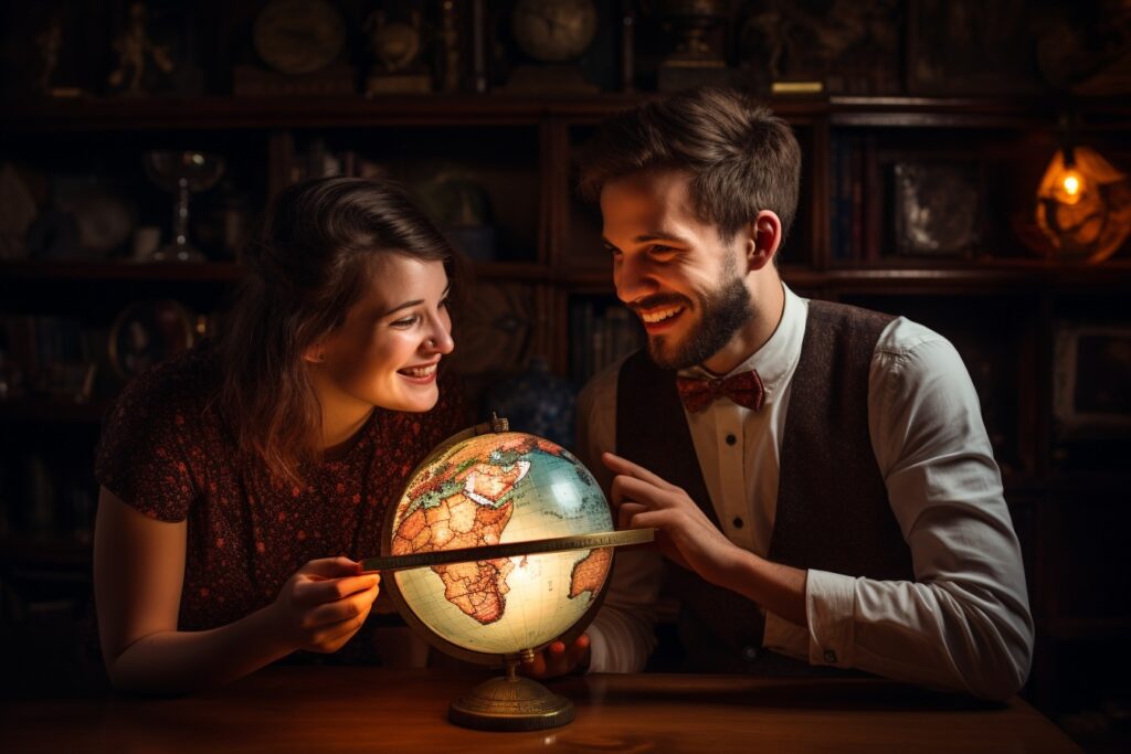 Et par sidder med en globus og griner