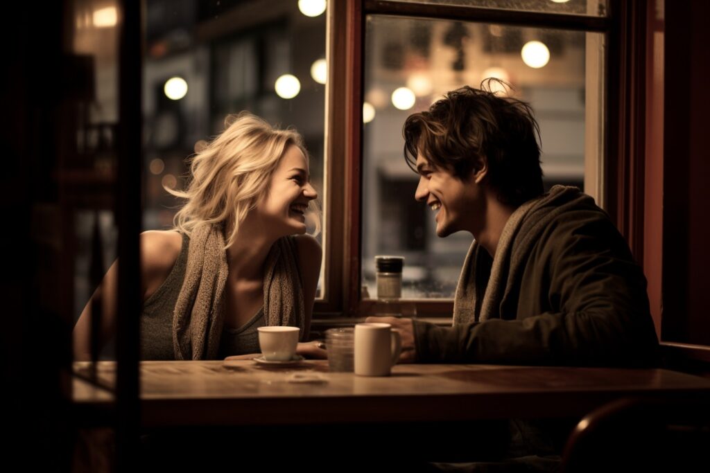 Mand smiler til kvinde på cafe