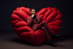 Mand tænker i en hjerteformet sofa