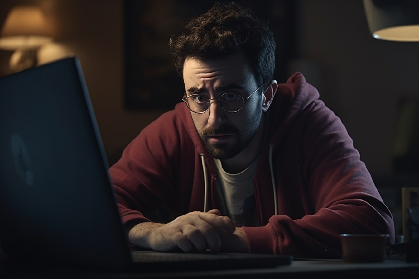En tvivlende mand kigger på sin computerskærm