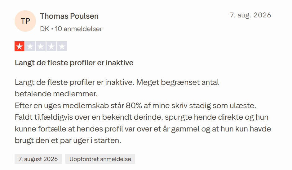 Eksempel på kritik af Dating.dk i en Trustpilot-anmeldelse