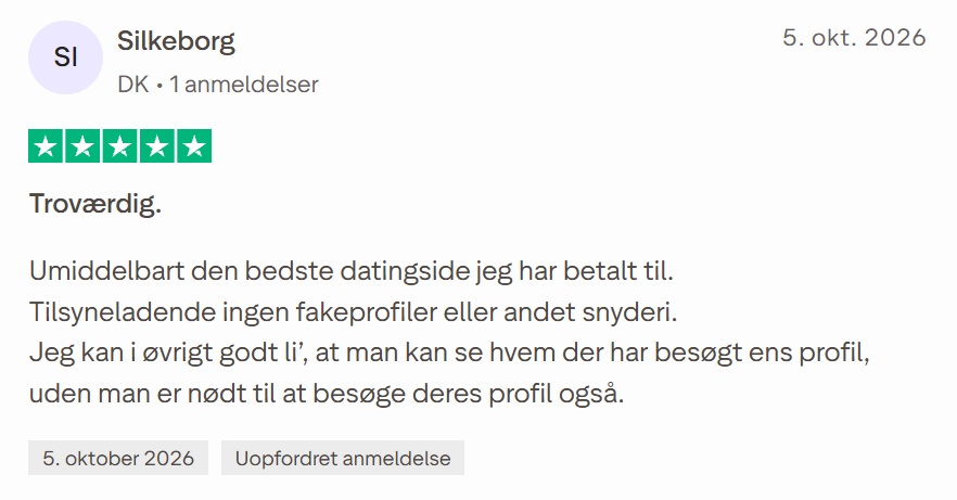 Eksempel på en positiv Trustpilot-anmeldelse af Dating.dk
